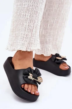 Damskie Boto Klapki Damskie Piankowe Na Platformie Z Kokardką I Broszką Czarne Marlize