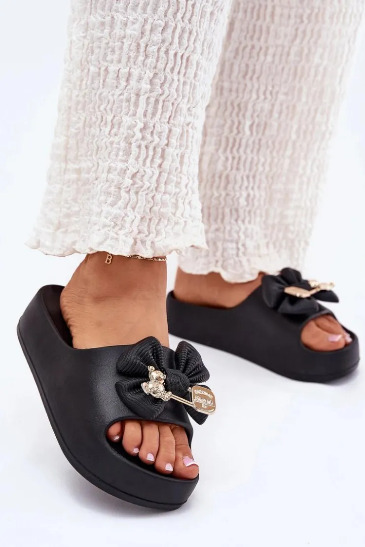 Damskie Boto Klapki Damskie Piankowe Na Platformie Z Kokardką I Broszką Czarne Marlize