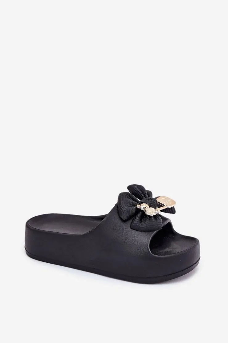 Damskie Boto Klapki Damskie Piankowe Na Platformie Z Kokardką I Broszką Czarne Marlize