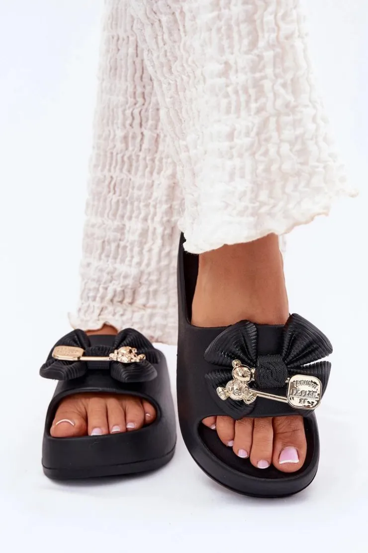 Damskie Boto Klapki Damskie Piankowe Na Platformie Z Kokardką I Broszką Czarne Marlize