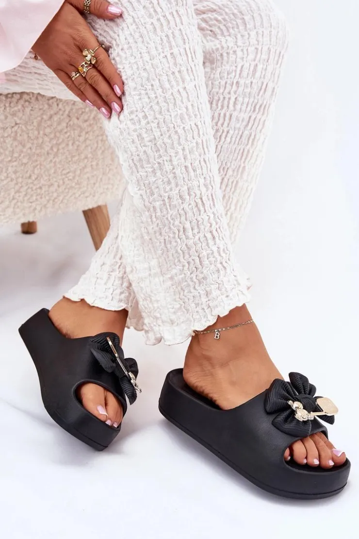 Damskie Boto Klapki Damskie Piankowe Na Platformie Z Kokardką I Broszką Czarne Marlize