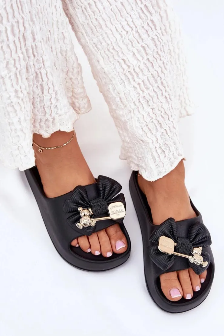 Damskie Boto Klapki Damskie Piankowe Na Platformie Z Kokardką I Broszką Czarne Marlize