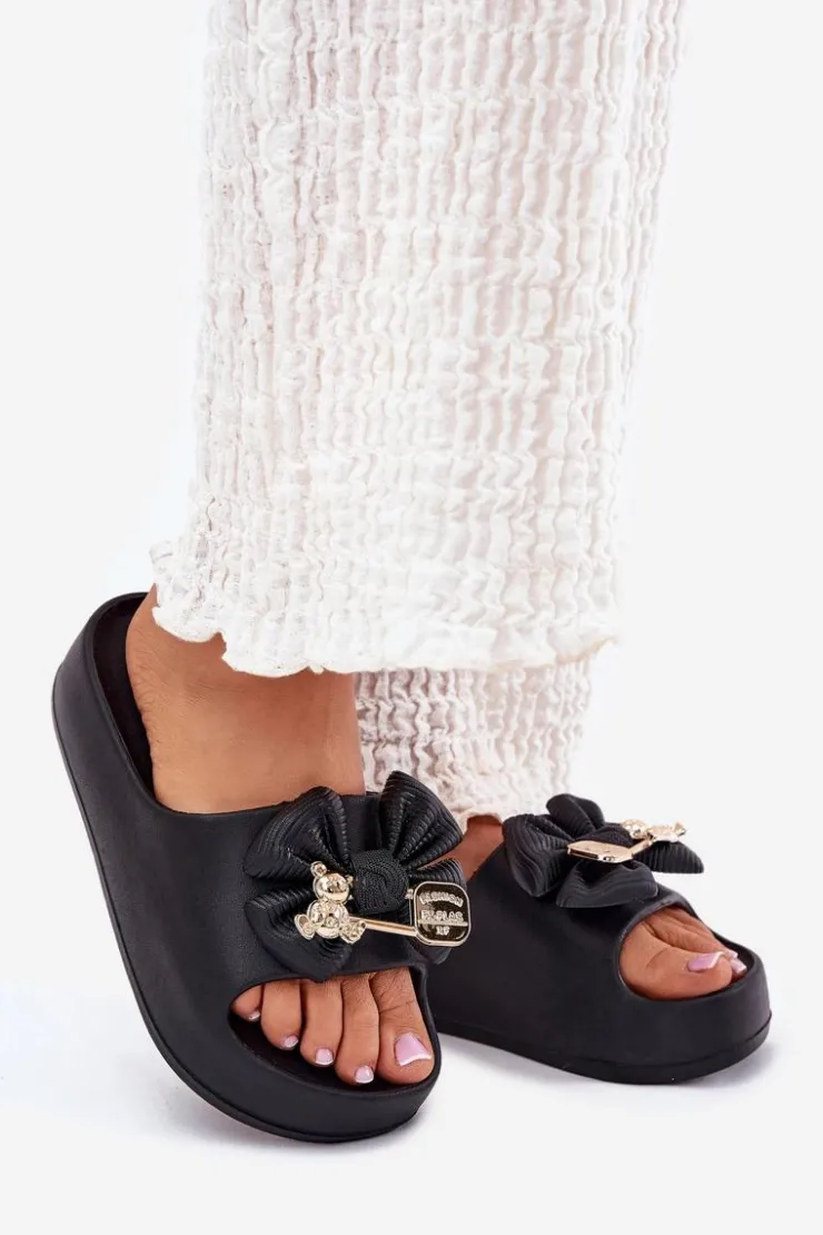 Damskie Boto Klapki Damskie Piankowe Na Platformie Z Kokardką I Broszką Czarne Marlize