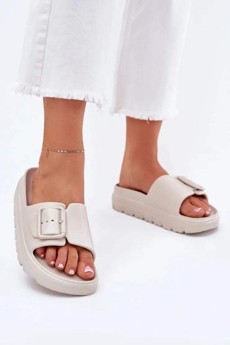 Boto Klapki Basenowe|Klapki Na Platformie*Klapki Damskie Piankowe Na Platformie Z Klamrą Beżowe Viasara Beżowy