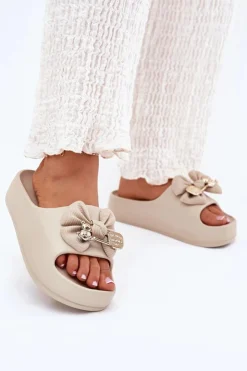 Boto Klapki Basenowe|Klapki Na Platformie*Klapki Damskie Piankowe Na Platformie Z Kokardką I Broszką Ciemnobeżowe Marlize