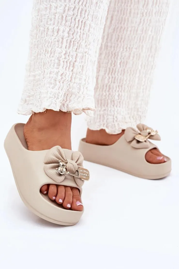 Boto Klapki Basenowe|Klapki Na Platformie*Klapki Damskie Piankowe Na Platformie Z Kokardką I Broszką Ciemnobeżowe Marlize