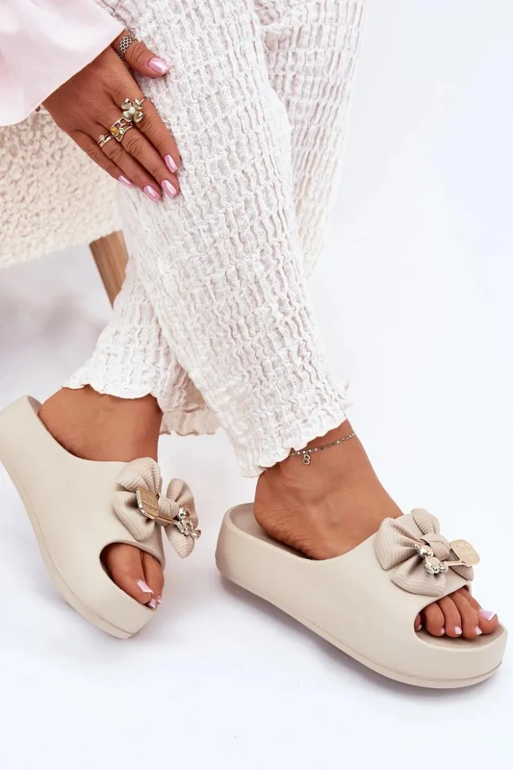 Boto Klapki Basenowe|Klapki Na Platformie*Klapki Damskie Piankowe Na Platformie Z Kokardką I Broszką Ciemnobeżowe Marlize