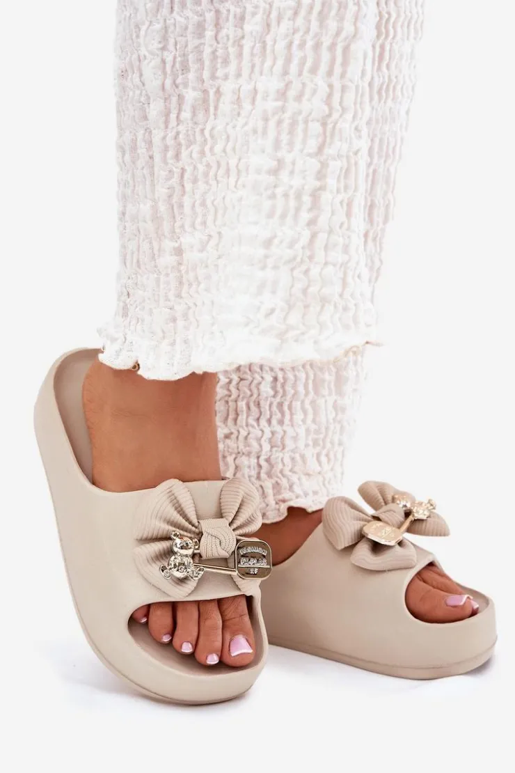 Boto Klapki Basenowe|Klapki Na Platformie*Klapki Damskie Piankowe Na Platformie Z Kokardką I Broszką Ciemnobeżowe Marlize