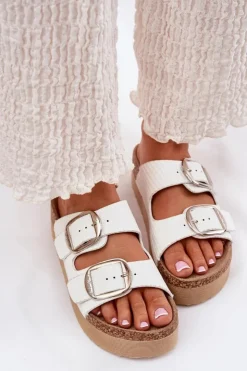 Best Lee Cooper Klapki Damskie Platformie Z Klamrami LCW-25-35-3496L Białe