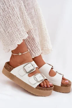 Best Lee Cooper Klapki Damskie Platformie Z Klamrami LCW-25-35-3496L Białe