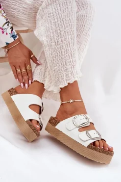 Best Lee Cooper Klapki Damskie Platformie Z Klamrami LCW-25-35-3496L Białe