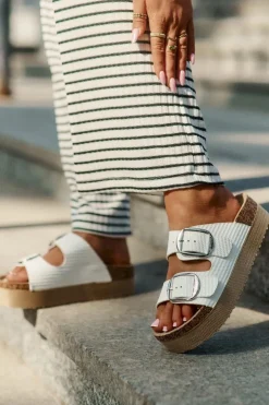 Best Lee Cooper Klapki Damskie Platformie Z Klamrami LCW-25-35-3496L Białe