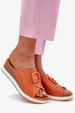 Artiker Klapki Na Koturnie|Klapki Damskie Klasyczne*Klapki Damskie Skórzane Na Koturnie 56C2149 Pomarańczowe