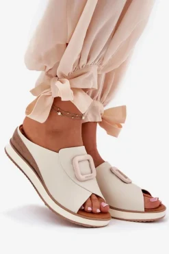 Artiker Klapki Na Koturnie|Klapki Damskie Klasyczne*Klapki Damskie Skórzane Na Koturnie 56C2145 Jasnobeżowe