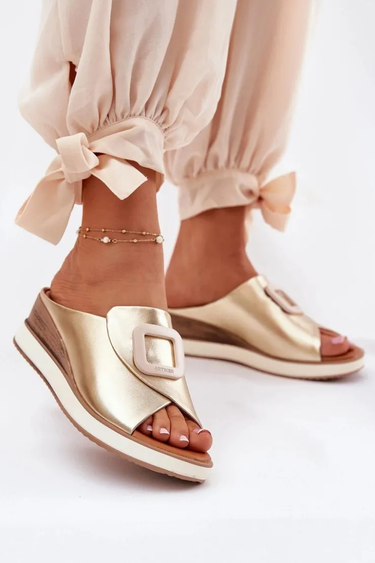 Damskie Artiker Klapki Damskie Skórzane Na Koturnie 56C2146 Złote