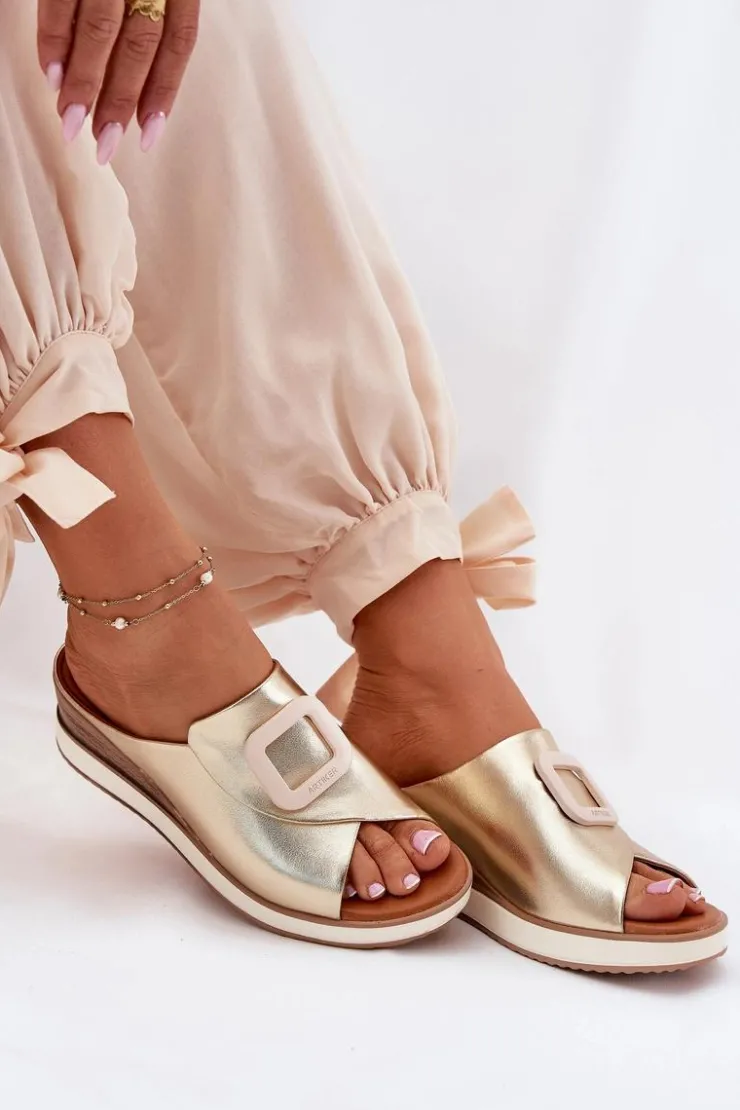 Damskie Artiker Klapki Damskie Skórzane Na Koturnie 56C2146 Złote