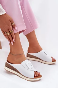 New Artiker Klapki Damskie Skórzane Na Koturnie 56C2144 Białe Biały