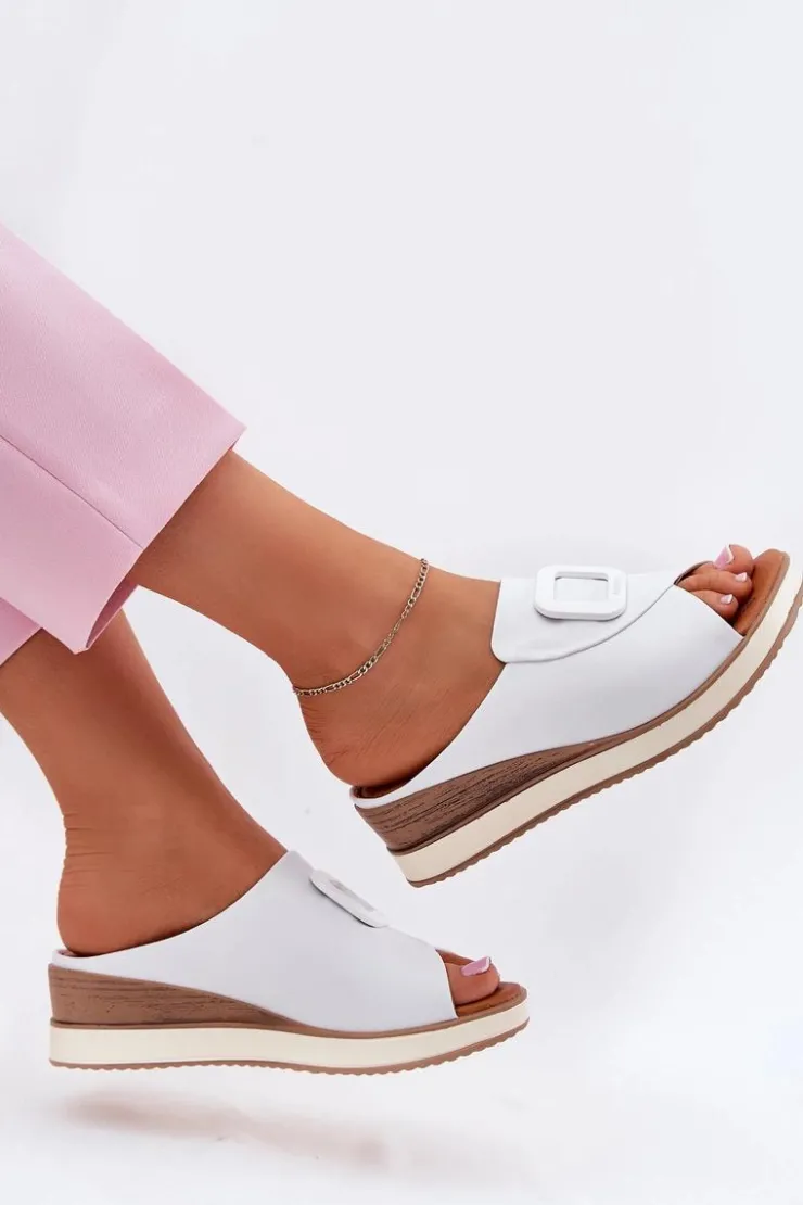 New Artiker Klapki Damskie Skórzane Na Koturnie 56C2144 Białe Biały