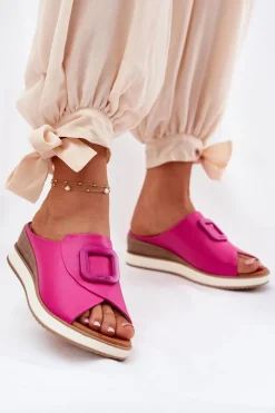 Artiker Klapki Damskie Skórzane Na Koturnie 56C2147 Fuksja