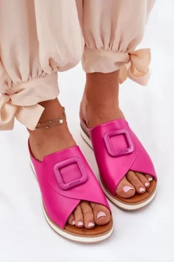 Artiker Klapki Damskie Skórzane Na Koturnie 56C2147 Fuksja