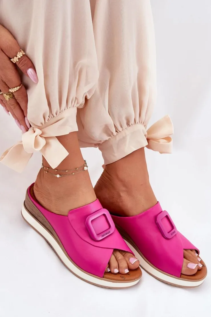 Artiker Klapki Damskie Skórzane Na Koturnie 56C2147 Fuksja