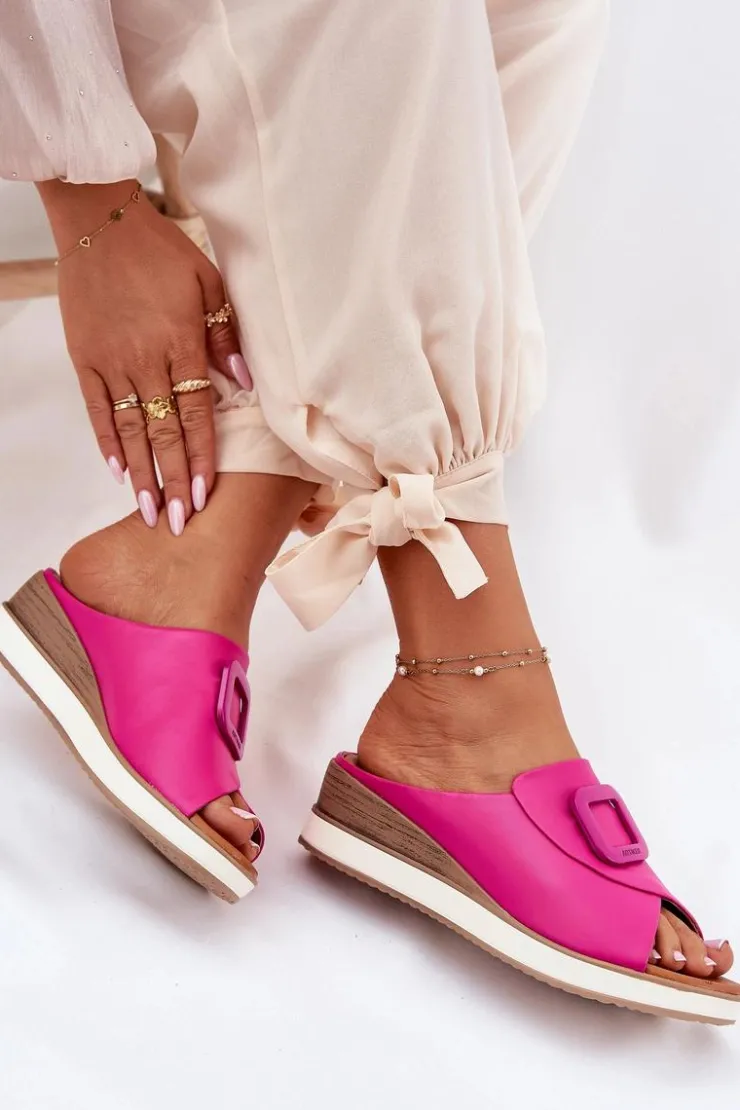 Artiker Klapki Damskie Skórzane Na Koturnie 56C2147 Fuksja