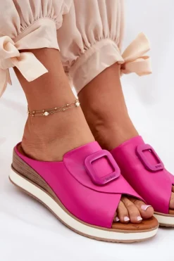 Artiker Klapki Damskie Skórzane Na Koturnie 56C2147 Fuksja