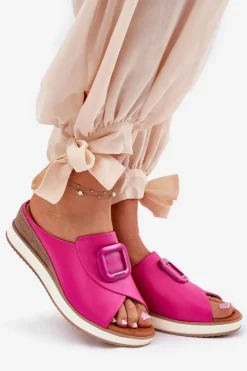 Artiker Klapki Damskie Skórzane Na Koturnie 56C2147 Fuksja