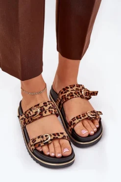 Damskie Boto Klapki Damskie w Panterkę Na Platformie Z Paskami I Klamrami Brązowe Ziferte