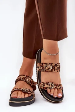 Damskie Boto Klapki Damskie w Panterkę Na Platformie Z Paskami I Klamrami Brązowe Ziferte