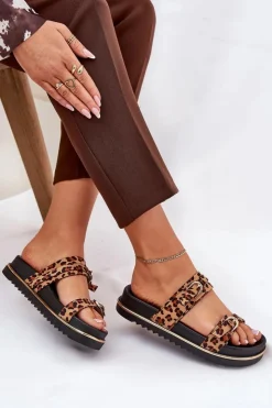 Damskie Boto Klapki Damskie w Panterkę Na Platformie Z Paskami I Klamrami Brązowe Ziferte
