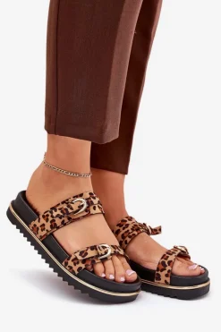 Damskie Boto Klapki Damskie w Panterkę Na Platformie Z Paskami I Klamrami Brązowe Ziferte