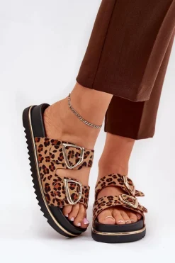 Damskie Boto Klapki Damskie w Panterkę Na Platformie Ze Złotymi Klamrami Brązowe Tersele