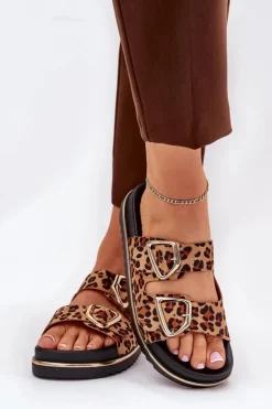 Damskie Boto Klapki Damskie w Panterkę Na Platformie Ze Złotymi Klamrami Brązowe Tersele