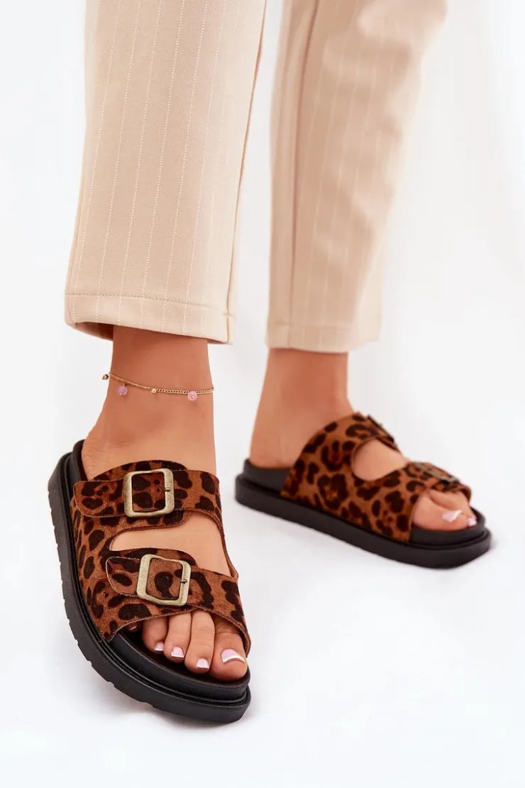 Discount Boto Klapki Damskie W Panterkę Na Platformie Z Klamrami Brązowe Simbes Brązowy