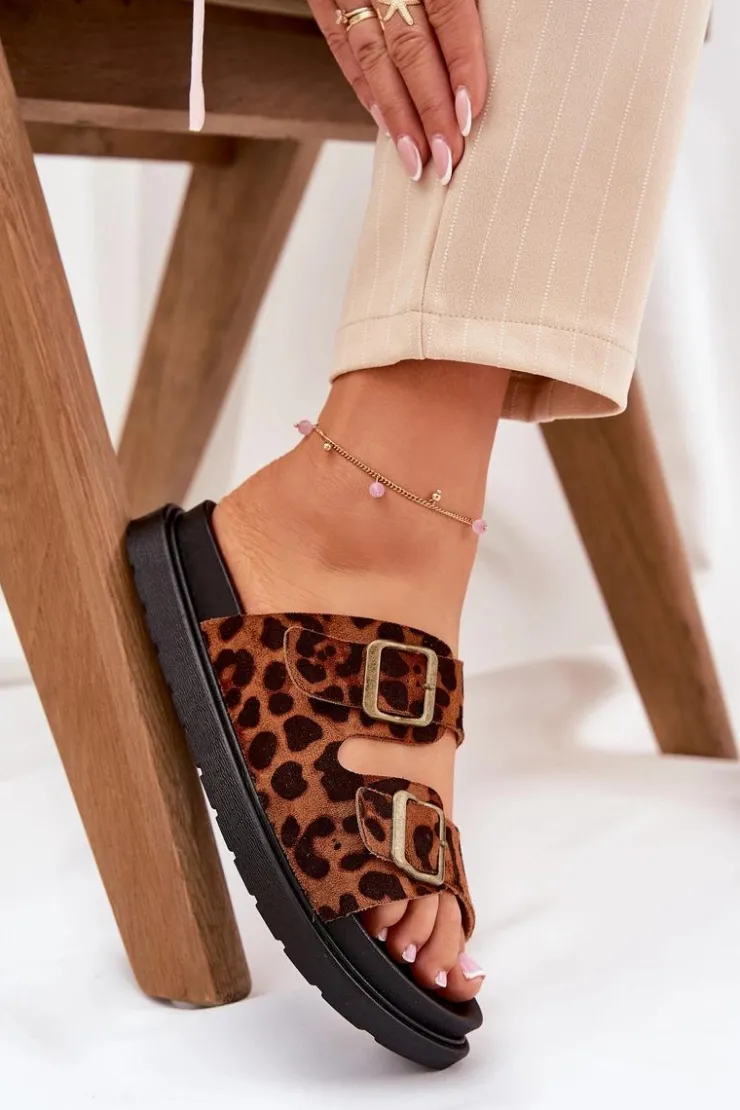 Discount Boto Klapki Damskie W Panterkę Na Platformie Z Klamrami Brązowe Simbes Brązowy