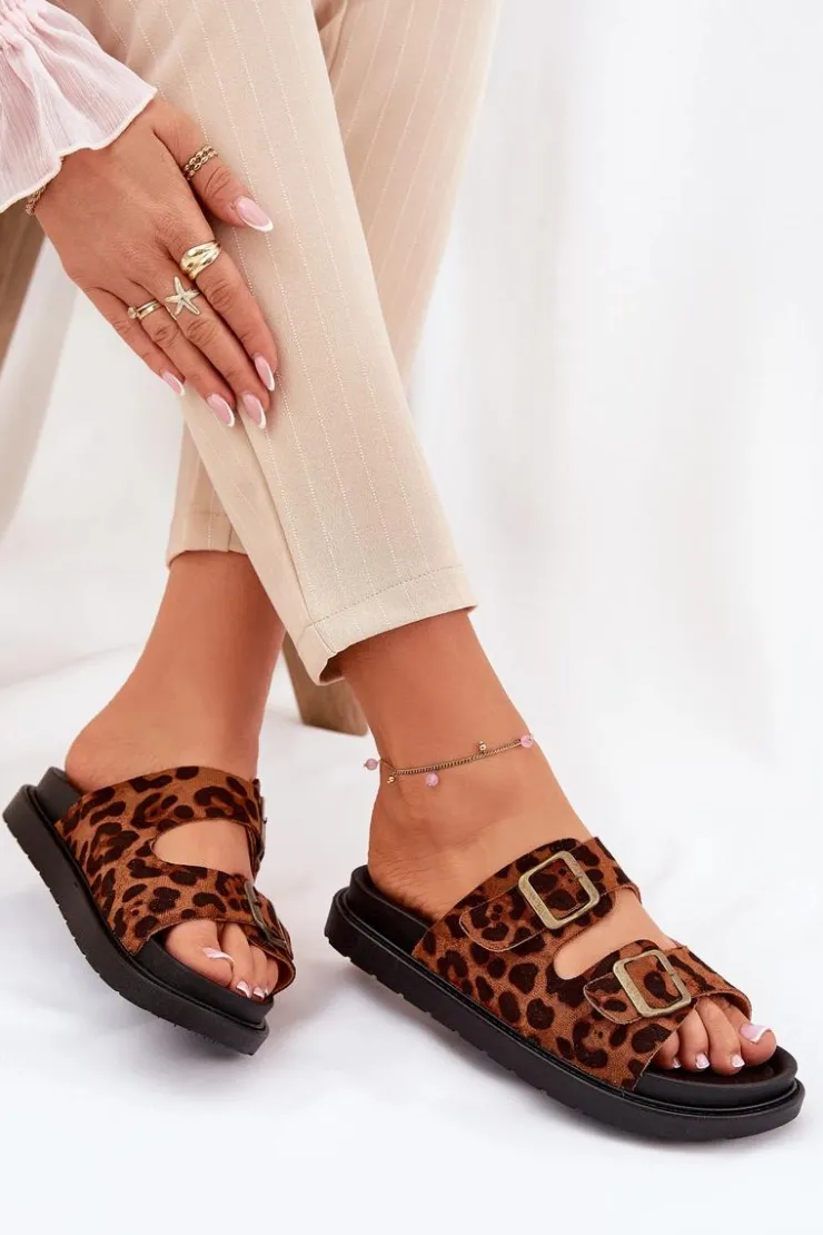 Discount Boto Klapki Damskie W Panterkę Na Platformie Z Klamrami Brązowe Simbes Brązowy