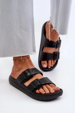 Damskie Boto Klapki Damskie Z Brokatem Czarne Brianella