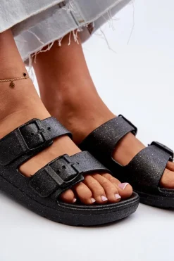 Damskie Boto Klapki Damskie Z Brokatem Czarne Brianella