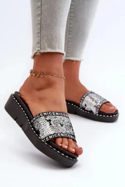 Damskie Boto Klapki Damskie Z Cekinami Czarno-Srebrne Rivanique