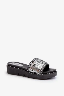 Damskie Boto Klapki Damskie Z Cekinami Czarno-Srebrne Rivanique