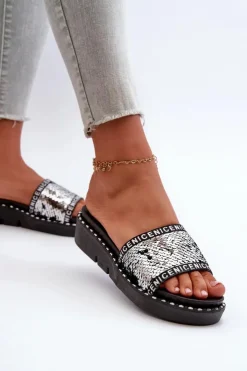 Damskie Boto Klapki Damskie Z Cekinami Czarno-Srebrne Rivanique