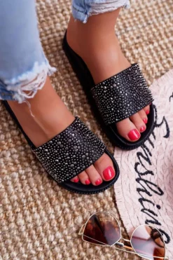 Boto Klapki Damskie Klasyczne*Klapki Damskie Z Cyrkoniami Czarne XTI 48821