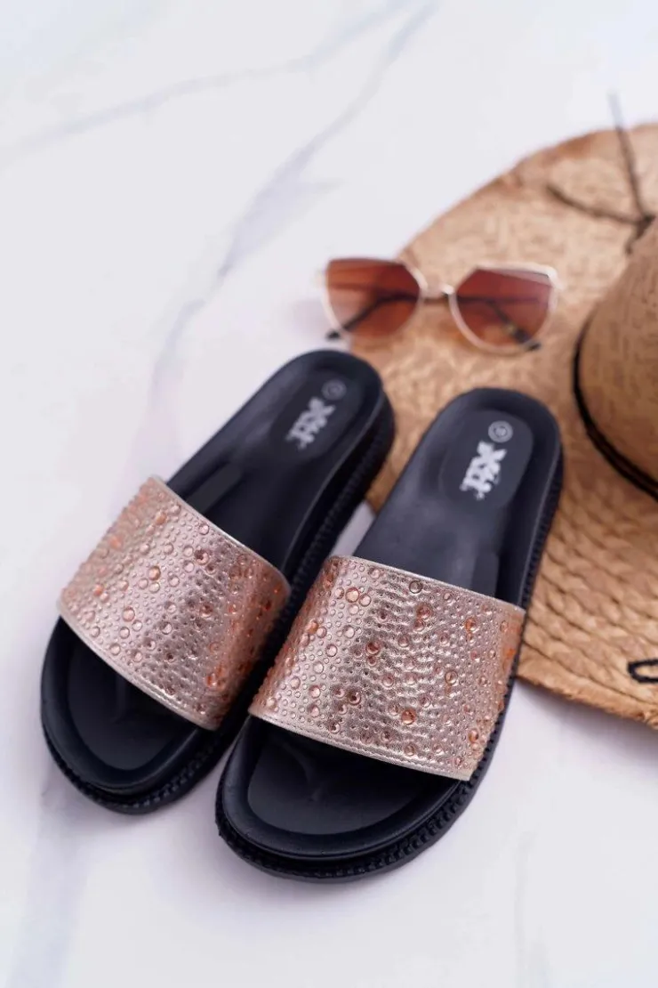 New Boto Klapki Damskie Z Cyrkoniami Champagne XTI 48821