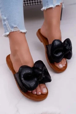 Best Boto Klapki Damskie z Dużą Kokardą Czarne Big Love
