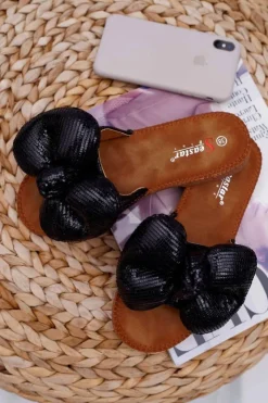 Best Boto Klapki Damskie z Dużą Kokardą Czarne Big Love