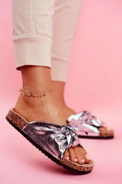 Damskie Evento Klapki Damskie z Dużą Kokardą Srebrne Lovely Time