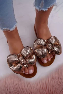 Damskie Boto Klapki Damskie z Dużą Kokardą Champagne Big Love