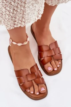 Boto Klapki Damskie Klasyczne*Klapki Damskie Z Eko Skóry Camel Lisanoria