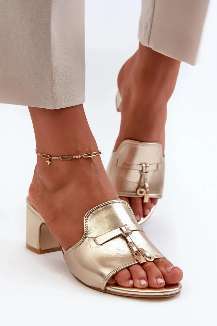 Damskie Boto Klapki Damskie Z Eko Skóry Na Obcasie Złote Jemenna